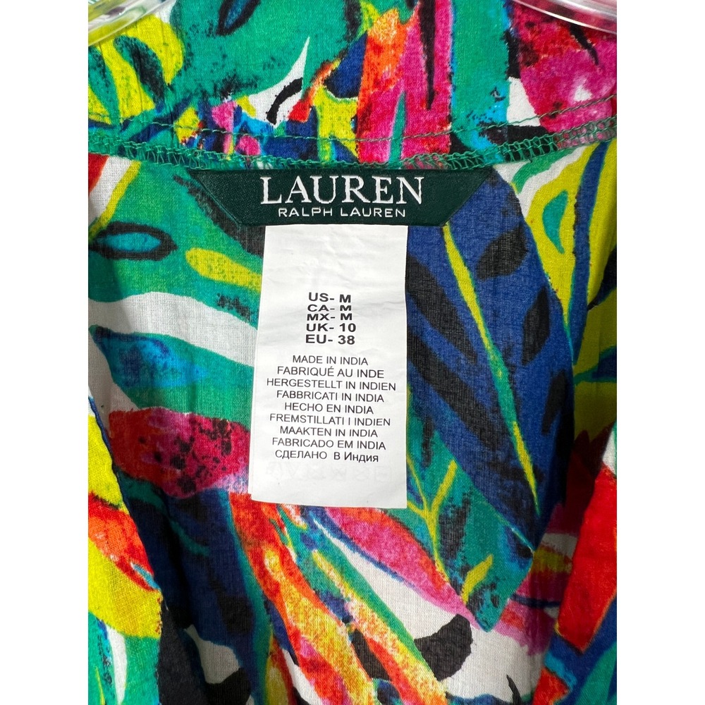 Lauren Tropical Leaf Cotton Faux Wrap Mini Dress Colorful Resortwear Medium - Picture 3 of 7